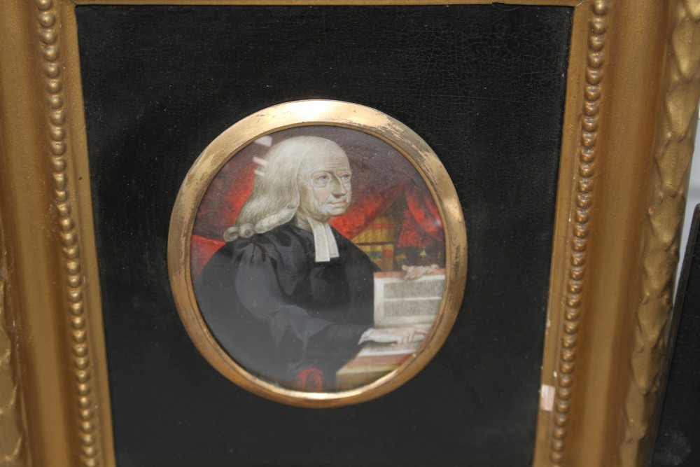 A Victorian oil on ivory miniature of a clergyman & a gilt silhouette of a gentleman by Field